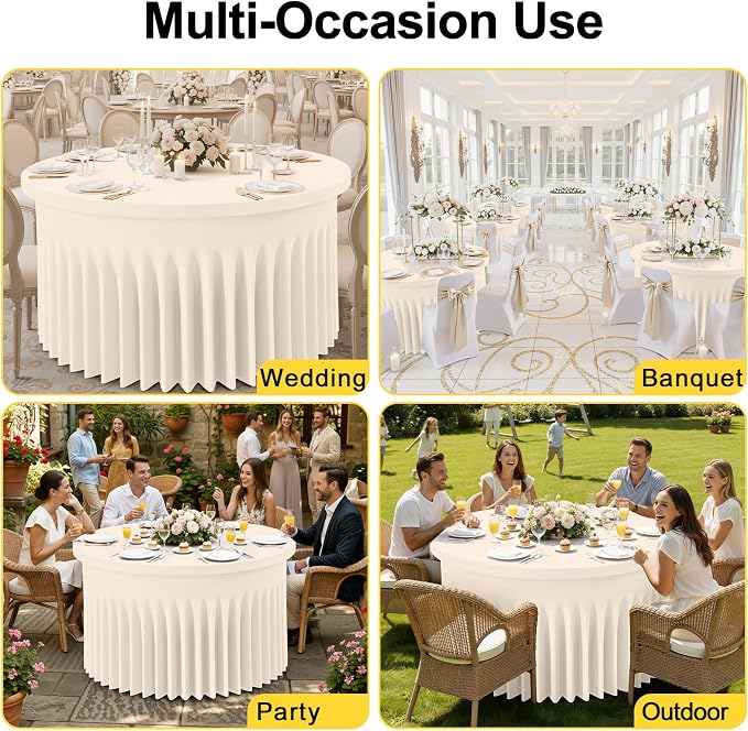 Smiry Round Spandex Tablecloth, Elastic Fitted Washable Tablecloths for 60 Round Tables, Waterpoof Stretch Table Cover Skirt for Outdoor, Wedding, Banquet & Parties, Beige