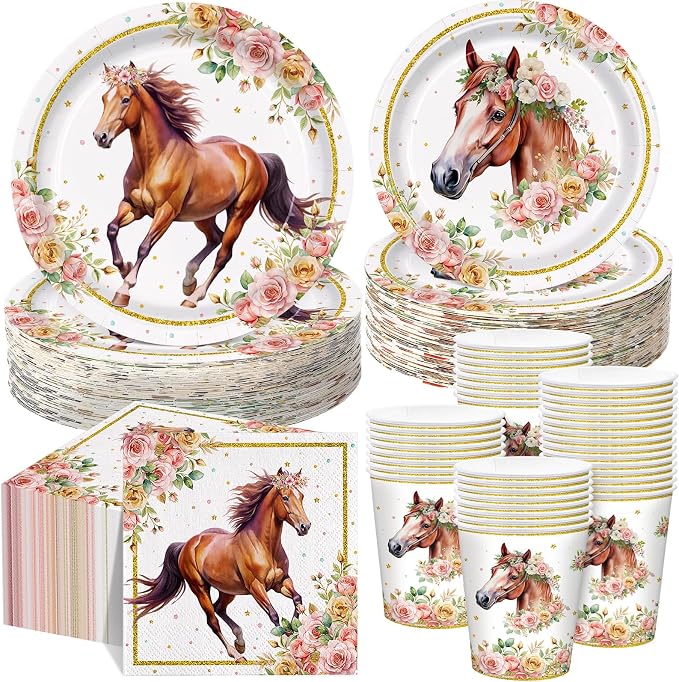 Pickmesh 250 Pcs Horse Birthday Party Decorations Pink Floral Cowgirl Disposable Tableware Set Cowboy Paper Plates Napkins Cups for Western Wedding Bachelorette Fairy Baby Bridal Shower Party Serve 50