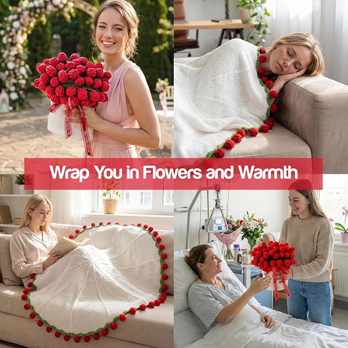 Mom Gifts for Mothers Day, Handmade Knitted Crochet Flower Bouquet Blanket, Birthday Gifts for Women, Anniversary, Wedding, Romantic Gifts for Wife Girlfriend Sister Friends, Throw Blanket, Home Decor