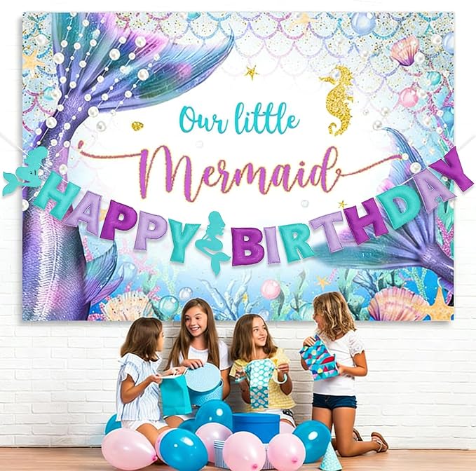 Pre-Strung Mermaid Happy Birthday Banner, Under The Sea Theme Party Decorations, HAPPY BIRTHDAY Garland with Exquisite Mermaid Design, Personalized Festival Sign for Baby Girls Party Decor, Photo Prop