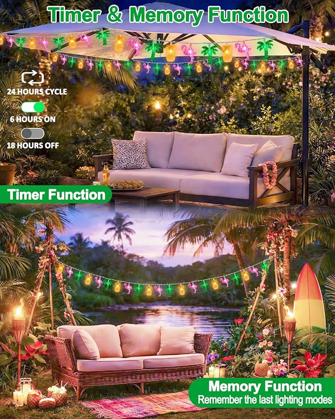 50 LED 25ft Summer Hawaiian Beach String Lights Outdoor with Remote, Flamingo Pineapple Palm Tree Fairy Twinkle Lights Battery Operated with 8 Modes & Timer for Tropical Party Beach Pool Decorations