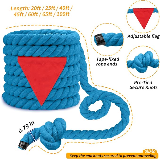 Tug of War Rope for Kids & Adults - 45ft Soft Cotton Outdoor Pulling Rope with Flag for Team Building Activities Field Day Family Reunions Birthday Parties Camping Games- Blue