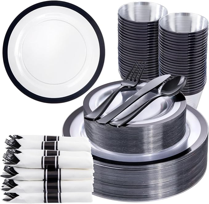 Liacere 350PCS Clear Black 350PCS Disposable Dinnerware Set for 50 Guests- 100 Plastic Plates, 50 Pre rolled Black Silverware,50 Plastic Cups for Wedding & Party & Graduation