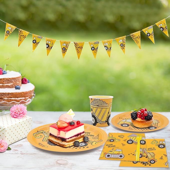 132 Pcs Construction Birthday Party Supplies, Construction Disposable Tableware Set Dump Truck Party Table Decorations for Birthday Party, 9'' and 7'' Plates, Napkins, Cups, Forks, Banner, Serves 24
