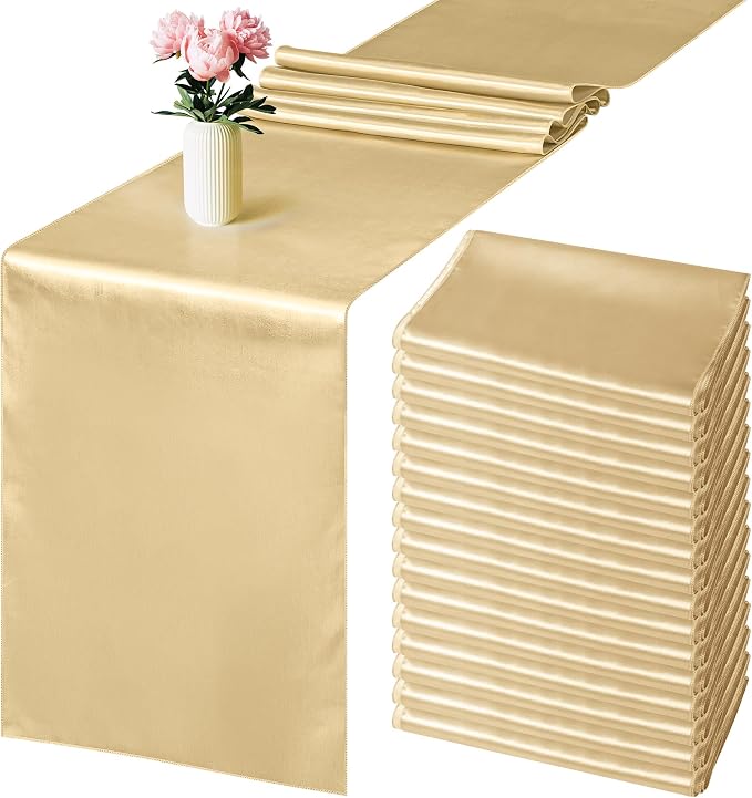 Aneco 12 Pack Satin Table Runner 12 x 108 Inch Champagne Long Wedding Satin Silk Table Runner for Wedding Banquet Graduations Birthday Party Decoration