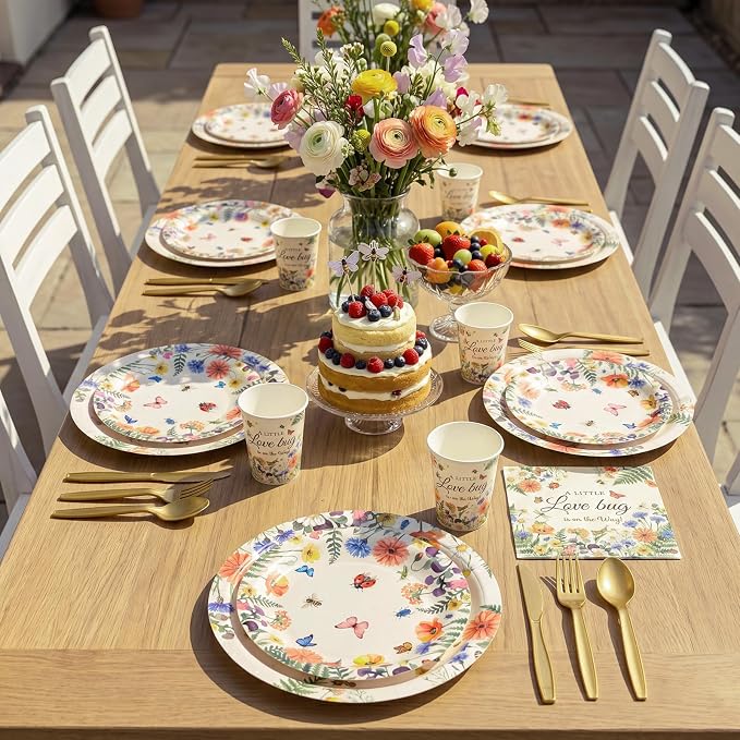 Ziliny 350 Pcs Love Bug Baby Shower Decoration Wildflower Baby Shower Paper Plates Napkins Tableware for Gender Reveal Newborn Party Serves 50 Guests