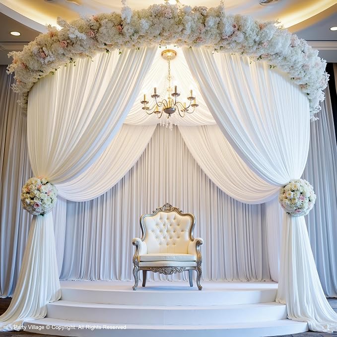 30ft×12ft White Backdrop Curtain for Wedding Parties, 6 Panels Wrinkle Free Polyester Photo Backdrop Drapes Back Drop Cloth for Independence Day Birthday Photography Background