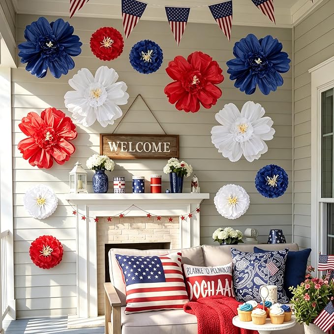 Crowye 12 Pcs Large Colorful Tissue Paper Flowers Decorations Giant Fiesta Craft Crepe Paper Flowers for Wall Decor Backdrop Mexican Wedding Birthday Carnival Party (10'' 20'',Patriotic Color)