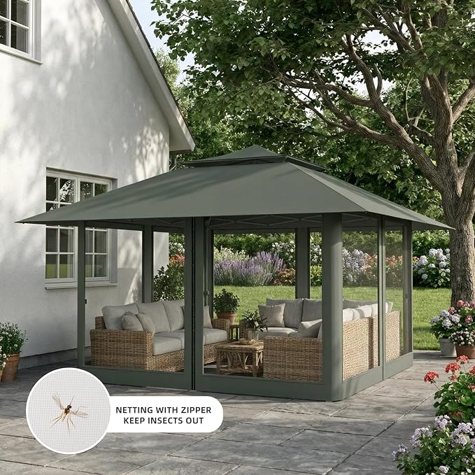 Pop Up Canopy Tent 13x13 FT with 4 Sidewall, Outdoor Easy Setup Gazebo with Wheeled Carry Bag, Heavy Duty Shelter with UV-Resistant Top, Portable Instant Shade for Garden Camping, Grey
