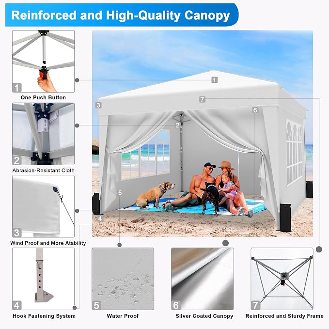 SANWAY 10x10 Pop Up Canopy with Sidewalls x 4 – Easy Setup Canopy Tent, Waterproof, UV-Resistant, Portable with Carry Bag for Outdoor Events, Camping, and Backyard Parties – White