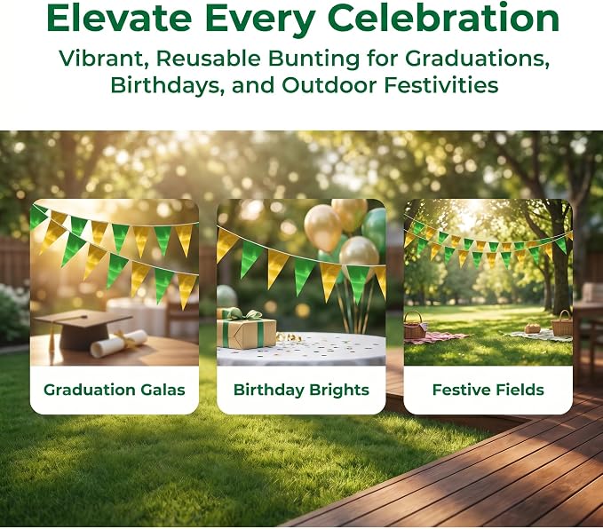 40M/130FT Green Gold Triangle Pennant Banner Flag Metallic Fabric Bunting Garland for Christmas Graduation Wedding Engagement Anniversary Bachelorette Birthday Bridal Shower Hen Party Supplies