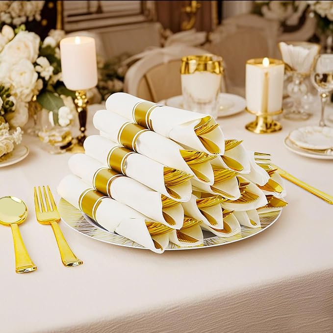 Zcaukya 200PCS Disposable Pre-wrapped Silverware for 50 Guests, Elegant Gold Plastic Dinnerware Utensil Set for Birthday Parties Weddings, with 50 Napkins, 50 Forks, 50 Knives, 50 Spoons