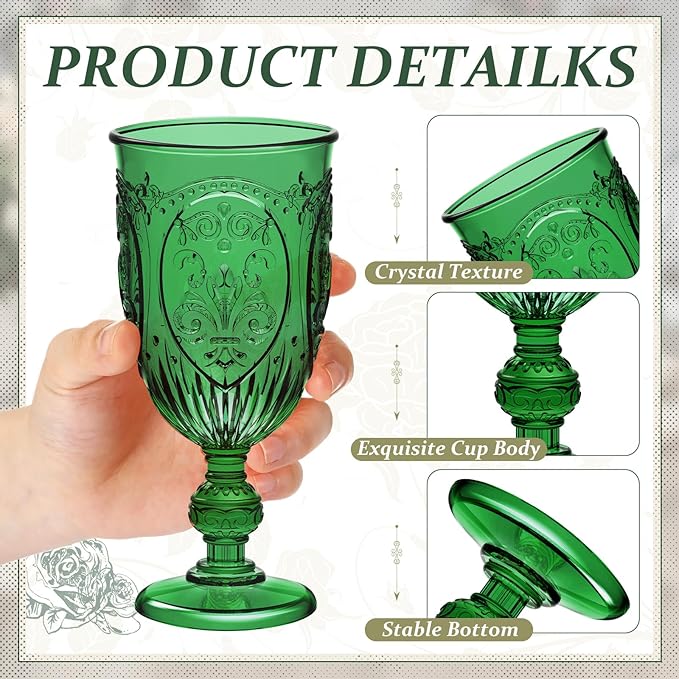 Wiwiqing 24 Pcs Plastic Goblets 7.5oz Vintage Goblet Plastic Wine Glasses Colored Retro Embossed Water Goblets for Wine Bar Juice Baby Shower Wedding Reception Grand Event Party (Dark Green)