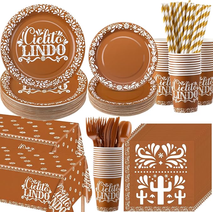 LemonRoad 452 Pcs Cielito Lindo Party Decoration for 50, Terracotta Cielito Lindo Paper Plates Napkins Cup Tablecloth Cutlery Straw Cinco De Mayo Mexican Tableware Set for Fiesta Baby Shower Supply