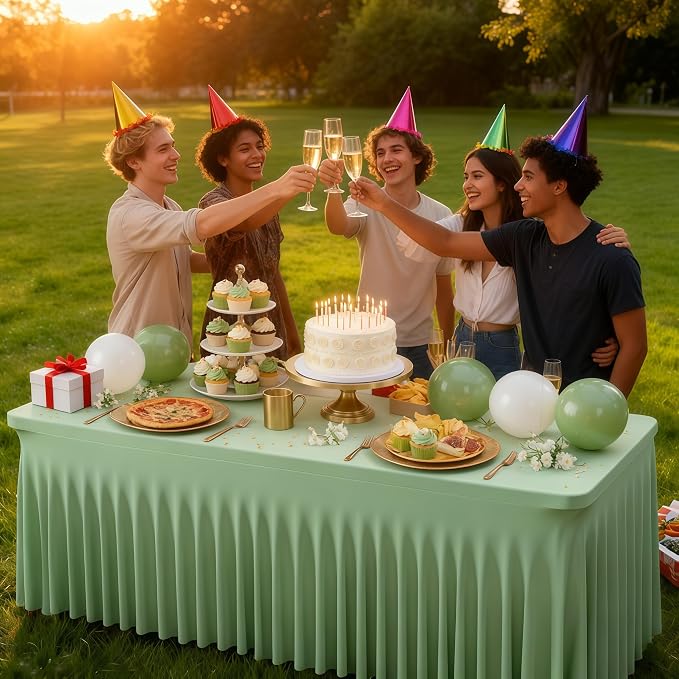 Wish Care 6 Pack Sage Green Spandex Table Clothes for 8 Foot Rectangle Tables, 8FT Wrinkle Free Fitted Tablecloths Ruffles Design Table Cloth for Party, Banquet, Wedding and Events