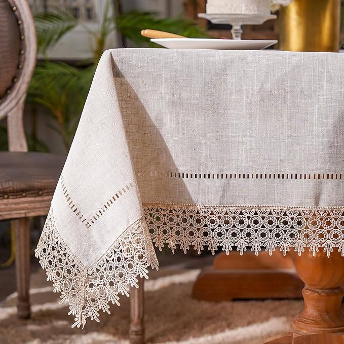 ARTABEL Cut Work Table Cloths with Lace Laser Die-Cut Exquisite Vintage Shabby Chic for Holiday Wedding Long Dinner Tables (Stone, 52 x 70 Inch)