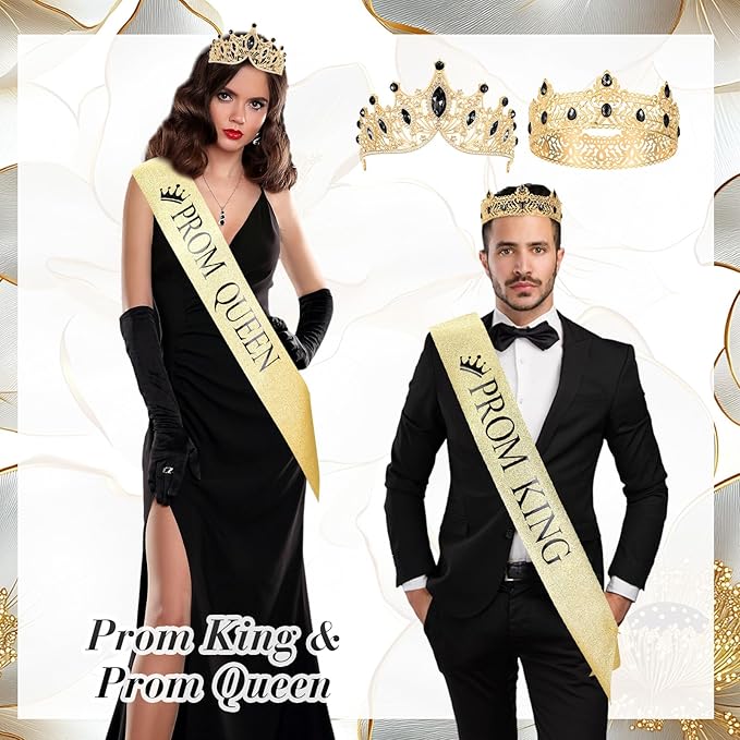 Ferreve 4 Pcs Prom King and Queen Crowns and Sashes Set Graduation Prom King and Queen Tiara Sash for 80's Prom Party Favors(Black)