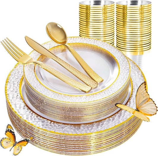 Ciaell 150PCS Clear Gold Plastic Plates - Disposable Gold Rim Plates include 25Dinner Plate, 25Dessert Plate, 25Forks, 25Knives, 25Spoons, 25Cups for Wedding & Party