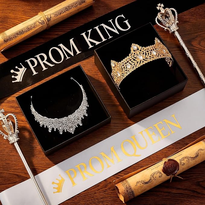 Retrowavy 4 Pcs Prom King and Queen Crown Set with Sashes Prom King Queen Sash and Tiara Set for 2026 Grad Birthday Carnival Wedding Costume Accessories(Gold,Silver)