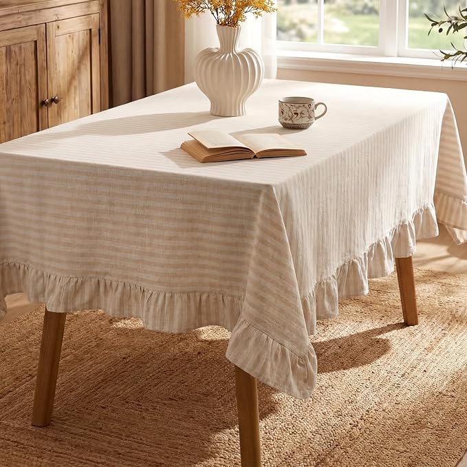 Boao Cotton 52 x 70 Inch Farmhouse Ruffle Tablecloth Beige White Striped Flounces Trim Table Cover for Rectangle Table Kitchen Party Wedding Decor