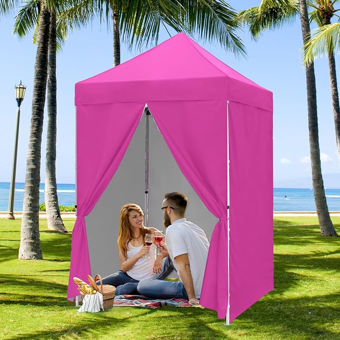 COOS BAY 5x5 Pop Up Canopy Tent with Side Walls, Easy Setup Portable Sun Shelter with Carry Bag, Outdoor Shade for Beach, Camping, Sports & Backyard, Pink