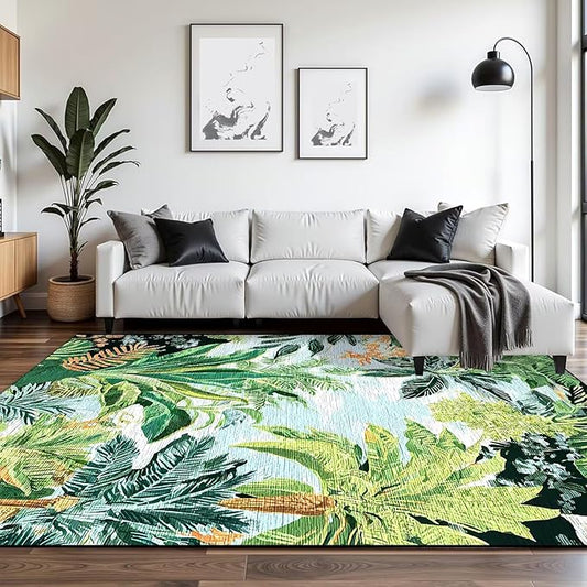 6' x 9' Hawaiian Tropical Rug Summer Jungle Leaf Floor Mat Nature Forest Botanical Carpet Living Dining Room Bedroom Porch Nursery Doormat Room Decor, Green