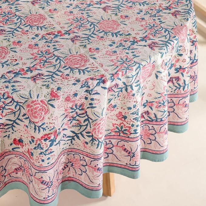 Hand Block Printed Tablecloth – Colorful Floral Print | 100% Cotton | Indian Artisan Handmade Art | Dining Room, Kitchen, Outdoor Décor, (Salmon Pink, 4 Seater 60 Inches Round)