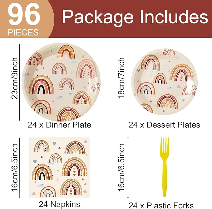 Boho Rainbow Party Plates Napkins Decorations Serves 24, Groovy Hippie Party Supplies Tableware Set for Boho Rainbow 1st Birthday Baby Shower Disposable Paper Plates Napkins Forks for Girl Boy, 96 Pcs