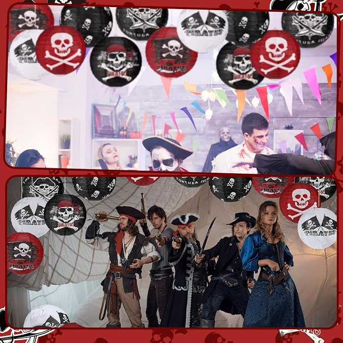 Panelee 12 Pcs Pirate Theme Paper Lanterns Birthday Party Decorations 8 Inch Hanging Round Paper Lanterns for Halloween Party Decorations Holiday Indoor Outdoor Ceiling Ornament Supplies