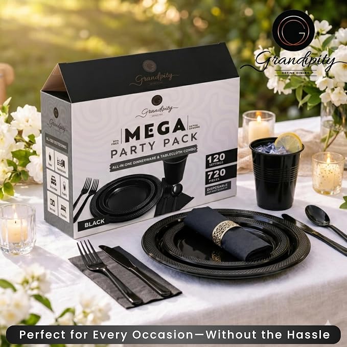 720-Piece Black Disposable Dinnerware Set - 120 Guest Plastic Dinnerware Set - 9" Dinner Plates, 7" Dessert Plates, 12oz Cups, Forks, Knives & Spoons