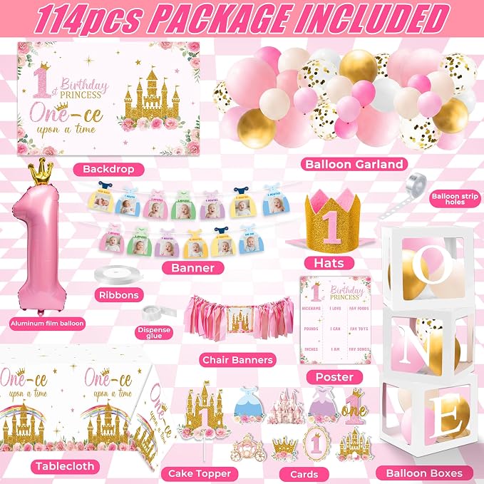 Princess 1st Birthday Decorations for Girls - One-ce Upon A Time First Birthday Baby Shower Decorations for Baby Girls with Birthday Hat Cake Topper Backdrop Tablecloth Banners Arch Balloon Box