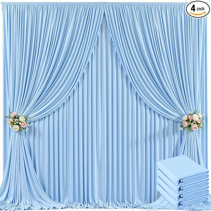 4 Panels Baby Blue Backdrop Curtain for Baby Shower Parties Light Blue Wrinkle Free 20ft x 10ft Backdrop Drapes for Birthday Photo Gender Reveal Photography Polyester Fabric Background Decoration