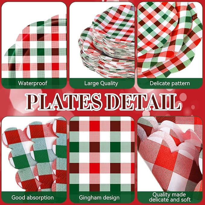 Funnymoom 452 Pcs Red and Green Christmas Buffalo Plaid Party Supplies for 50, Scalloped Christmas Gingham Plaid Paper Plates Napkins Cups Tablecloth Cutlery Straws for Rustic Holiday Party Decoration