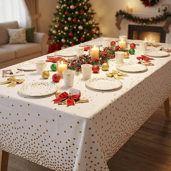 hapray 201 PCS Disposable Paper Plates Gold Party Supplies, Golden Polka Dots Birthday and Baptism Decorations, include Plates and Cups, Napkins, Plastic Tablecloth for Baby Shower Wedding Christmas