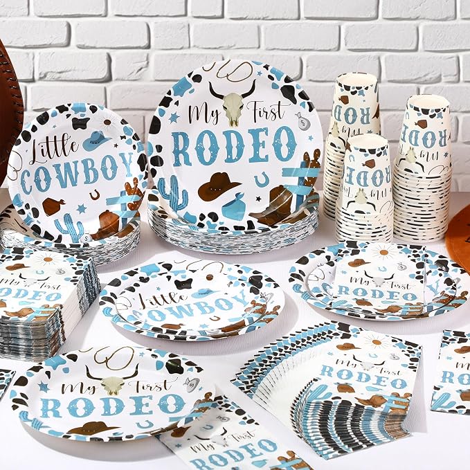 Pickmesh 250 Pcs My First Rodeo Party Decorations Western Cowboy Disposable Tableware Set My First Rodeo Paper Plates Napkins and Cups for 1st Boy Birthday Baby Shower Party Decorations Serve 50