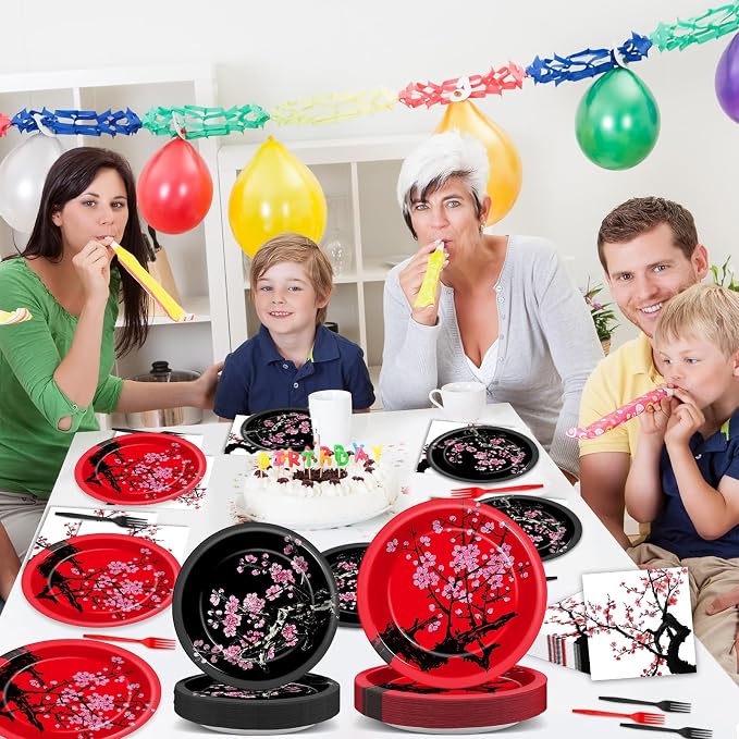 96Pcs Hibachi Party Decorations Chinese Japanese Cherry Blossom Tableware Sets Cherry Flowers Party Plates and Napkins for Hibachi New Year Spring Festival Wedding Supplies for 24 Guests