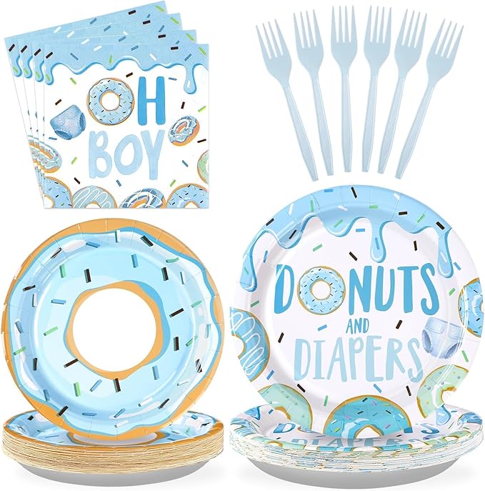 96Pcs Donut Baby Shower Decorations for Boy Blue Donut Party Plates and Napkins Disposable Donuts and Diaper Paper Tableware Set for Boys Donuts Theme Baby Shower Party Supplies, Serves 24