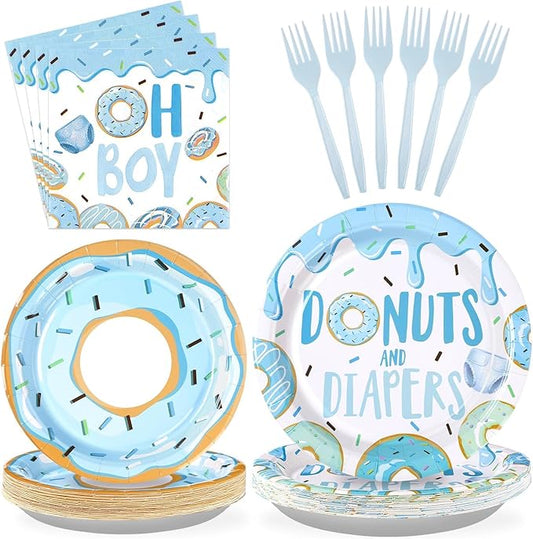 96Pcs Donut Baby Shower Decorations for Boy Blue Donut Party Plates and Napkins Disposable Donuts and Diaper Paper Tableware Set for Boys Donuts Theme Baby Shower Party Supplies, Serves 24