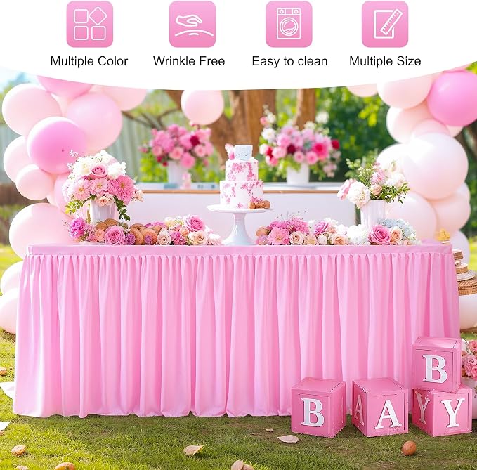 2 Packs Pink Tableclothes for 6 Foot Rectangle Tables, Wrinkle Free Fitted Table Cloth 6ft Stretch Table Cover with Skirt for Parties Weddings Birthday Banquet Baby Shower