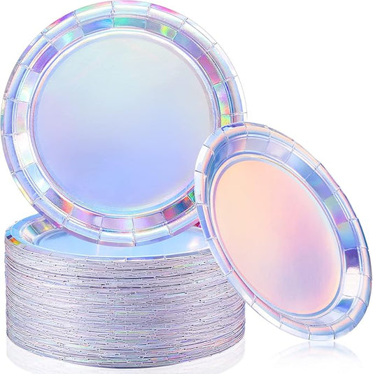 Meanplan 100 Pcs Iridescent Party Plates Paper Plates 9 Inch Round Disposable Dessert Plates Dinner Appetizer Plates for Cake Salad Pizza Birthday Home Wedding Parties Events Celebrations Decoration
