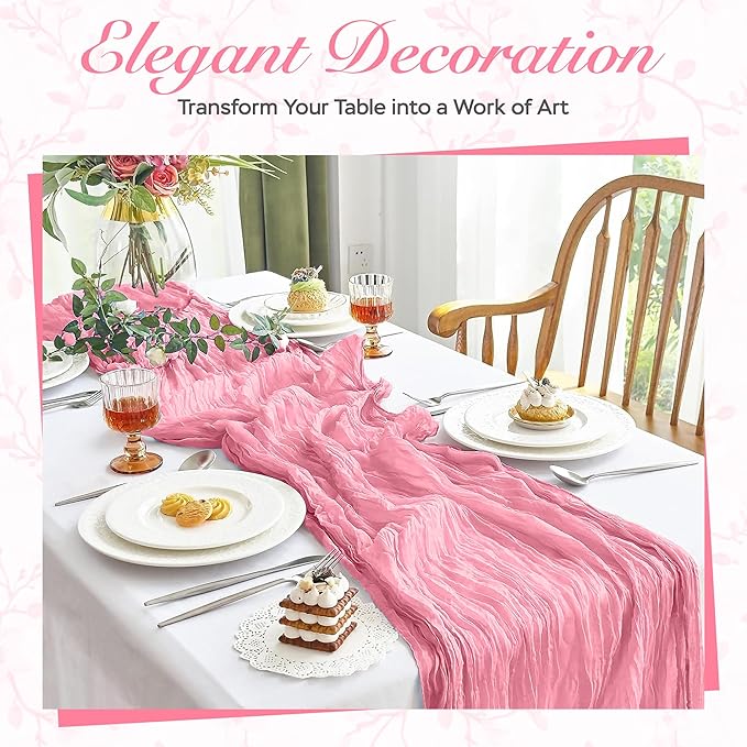 Cheesecloth Table Runner 8 Pack – 35x120 Inch (10ft) Boho Rustic Gauze Cloth Runners – Crinkle Polyester Table Decor for Wedding, Baby Shower, Bridal Shower, Birthday Party and More (Pink)