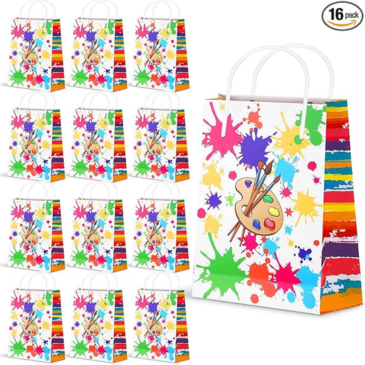 Pajean 16 Pieces Paint Splatter Party Bags with Handle Art Painting Candy Treat Goodie Gift Tote Bags Party Goodies Pouches for Birthday Baby Shower Decorations Gift Wrapping Supplies (Bright Style)