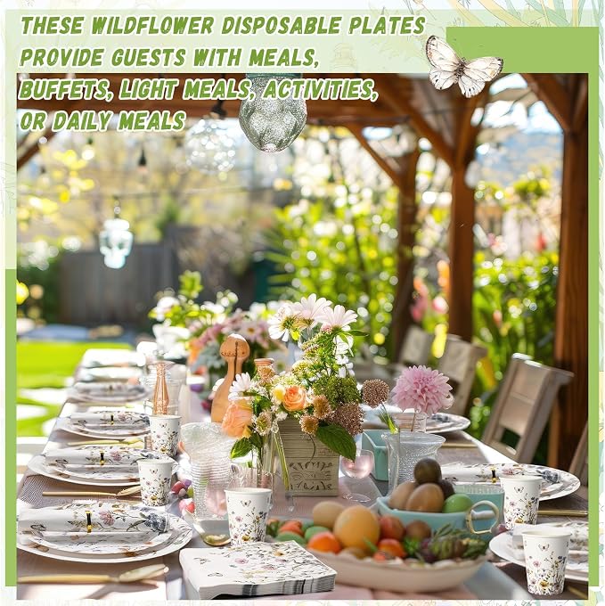 Ziliny 250 Pcs Wildflower Party Decorations Include Spring Summer Floral Paper Plates Napkins and Cups for Wildflower Baby Shower Tea Decorations, Serve 50 Guest(Light Color,Elegant Style)