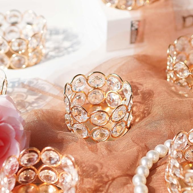 24 Pack Gold Metal Crystal Tea Light Candle Holders - 2.4"x1.6" Bulk Small Votive Candle Holders for Wedding, Home, Party Table Centerpiece Decorations