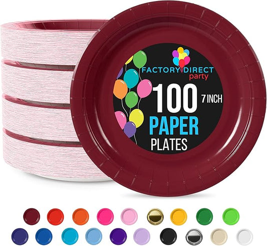 Exquisite Burgundy Paper Plates Disposable Heavy Duty 7 Inch Burgundy Disposable Plates For Party 100 Pcs Heavy Duty Paper Plate 350 GSM, Birthday Party Supplies Plate Set