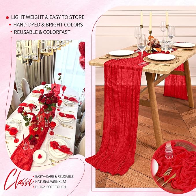 30 Pack Cheesecloth Table Runner 10FT Red Table Runner Boho Gauze Cheese Cloth Table Runners Long Rustic Sheer Table Decorations for Wedding Party Baby Bridal Shower Birthday Holiday Home