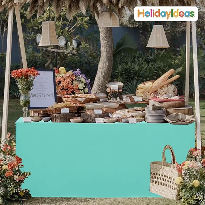 HolidayIdeas 4-Pack 4ft Aqua Rectangle Craft Shows Fitted Tablecloth | Wrinkle resistant table covers; bulk quantity pack for professional trade exhibition displays or vendor booths