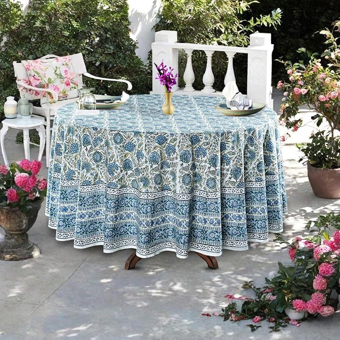 Ridhi Round Tablecloth Hand Block Print 100% Cotton Reusable Asparagus Green 120 Inch Table Cover Decorative Everyday Use for Dining, Home, Party, Wedding, Farmhouse Gift for Spring, Mother's Day