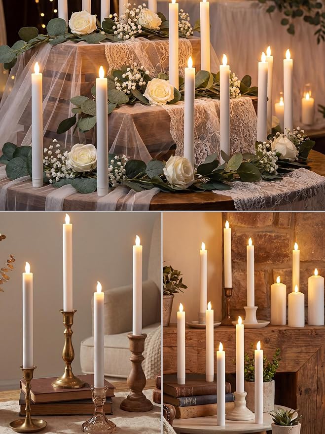 Funtery 48 Pcs Flameless LED Taper Candles Battery Operated Candles Bulk Realistic LED Candlesticks Flickering for Wedding Church Party Home Decor(White,10 Inch,Modern Style)