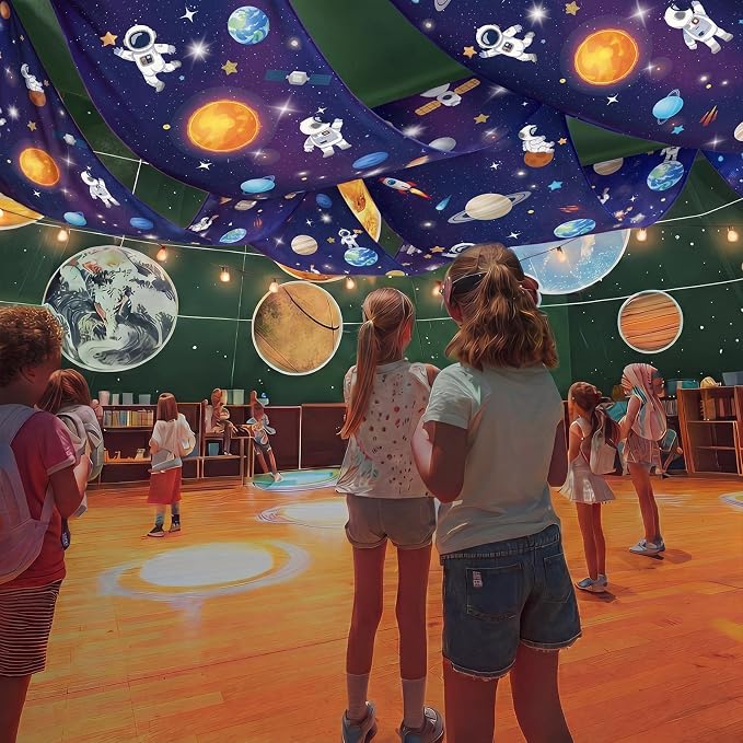 Irenare 5 Pcs Space Ceiling Decorations Planet Galaxy Party Decoration Set Astronaut Star Hanging Banner Dark Blue Tinsel Foil Fringe Curtain with Sparkling Stars for Space Astronaut Birthday Party